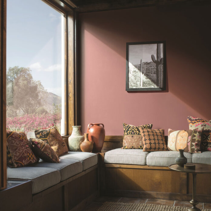 red living room with brown accessories