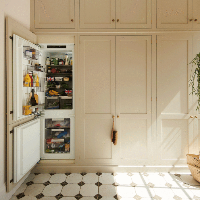 kitchen with beige cabinetry and integrated fridge