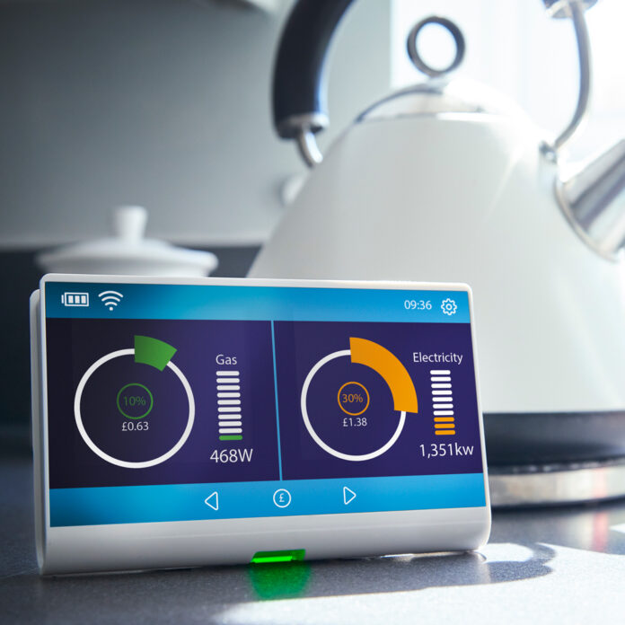 smart meter on kitchen worktop beside kettle