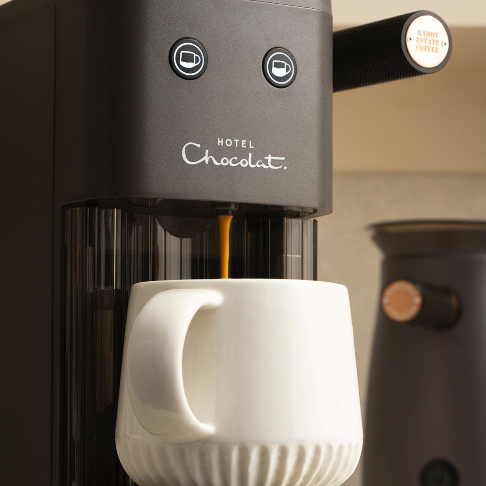 Hotel chocolate coffee machine with white mug