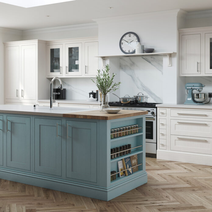 white kitchen with pale blue kitchen island