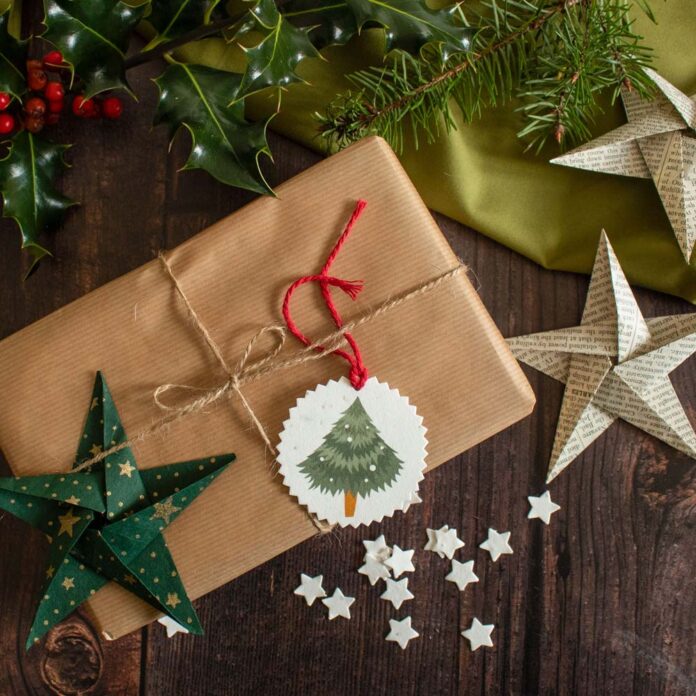 christmas gift wrapped in brown paper tied up with string