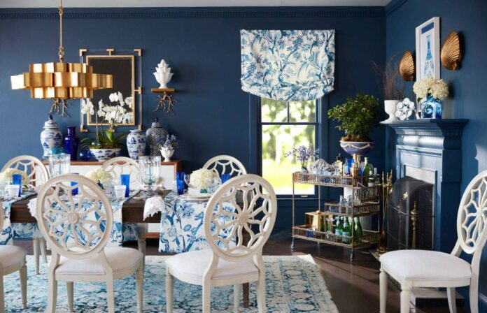 Fabulous eclectic dining room in blue and white is an absolute showstopper