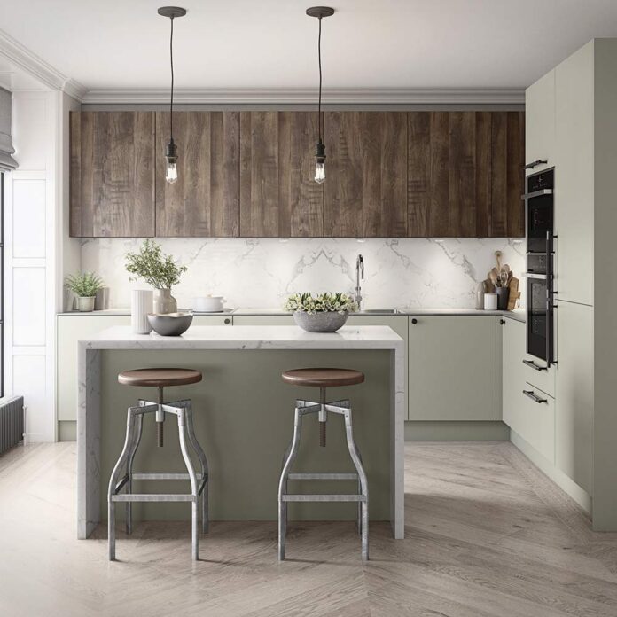 Grey kitchen with wooden panelling and island