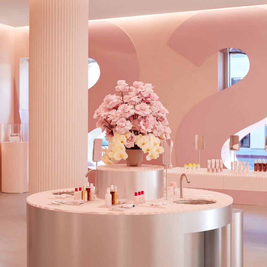 Pink interior of Glossier's LA store