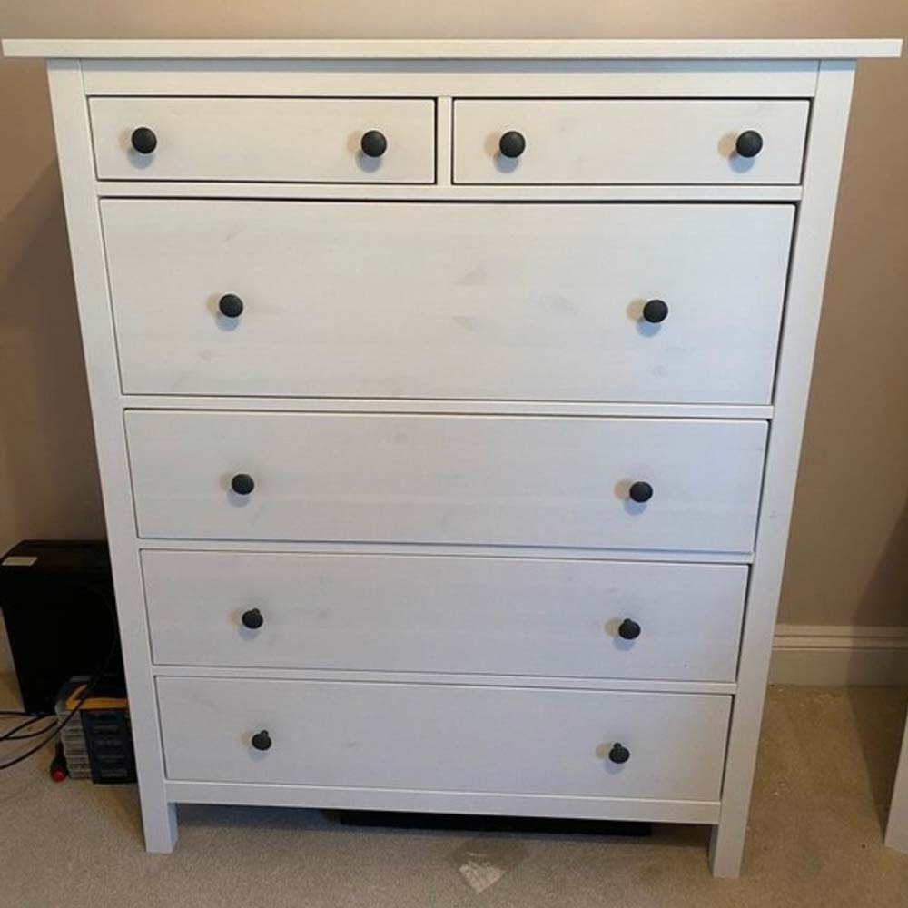 white IKEA hemnes chest of drawers in white with black handles