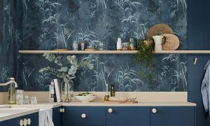 Kitchen with blue botanical wallpaper