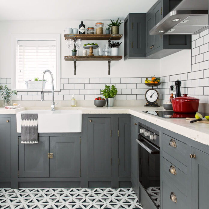 Black and white kitchen ideas with geometric floor