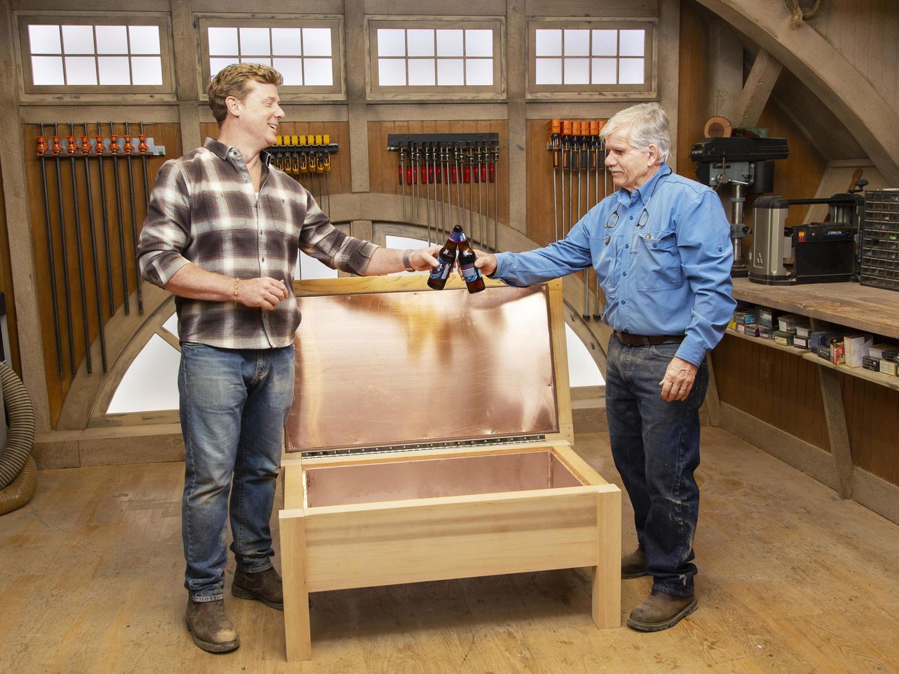Fall 2021, Build It Cooler Bench, Tom Silva and Kevin O’Connor toast the finished cooler bench