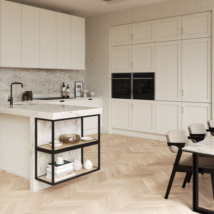 White kitchen with black detailing and wooden floors