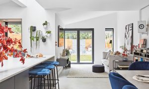 White open plan modern kitchen dining living space