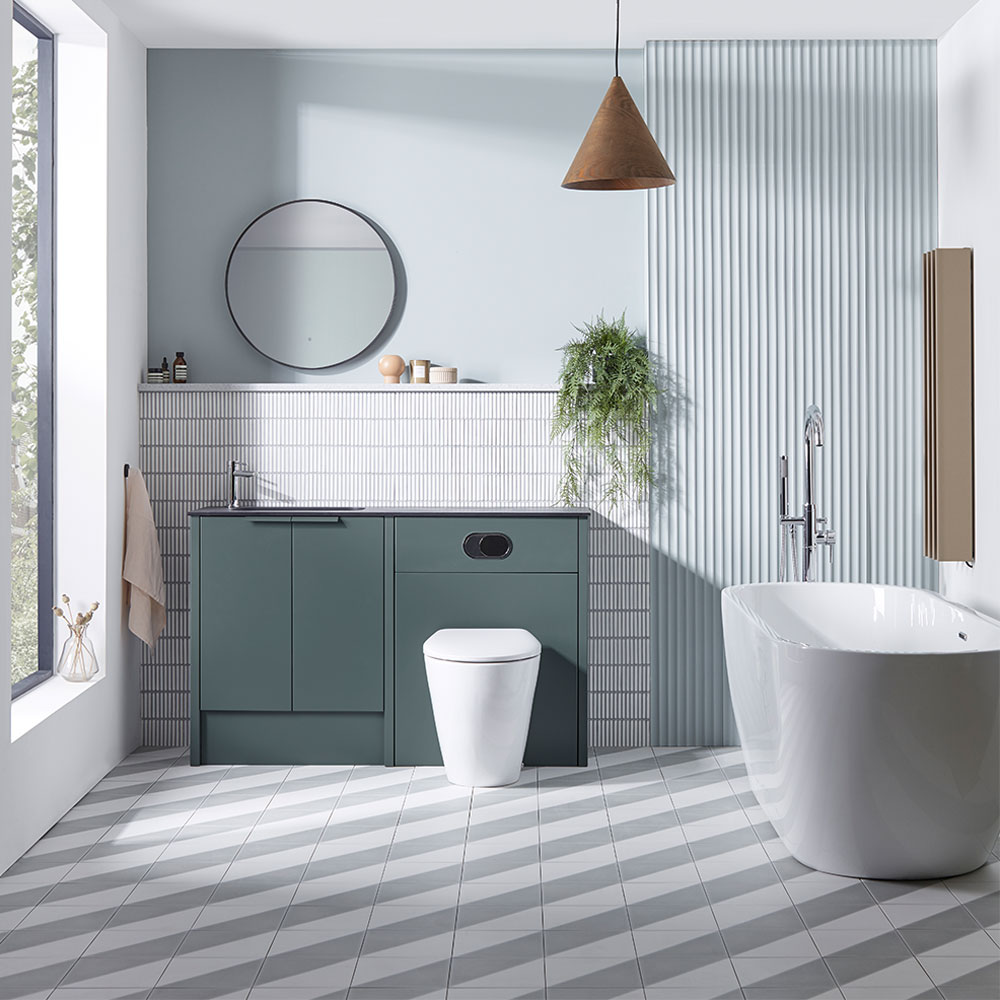 White and green bathroom with fluted tiles and green vanity unit