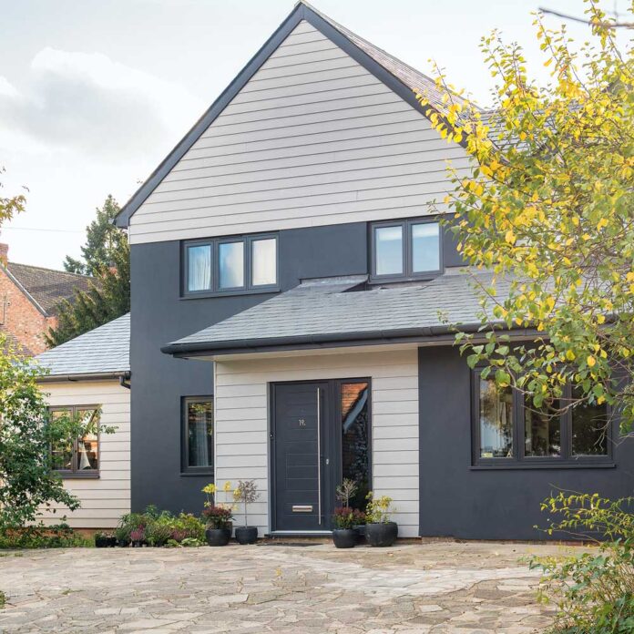 crazy paving on the driveway of Pip Jamieson grey new build house - colin poole