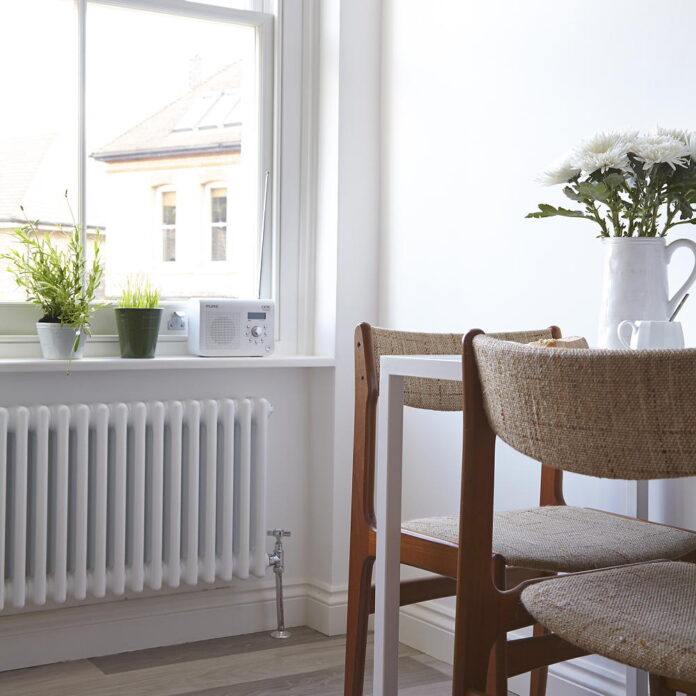 white radiator in a kitchen