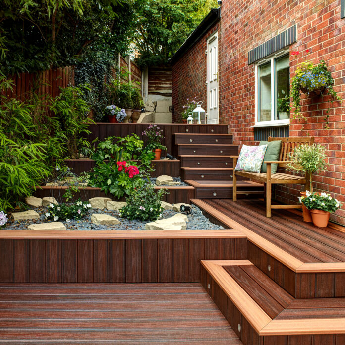 Outdoor terraced area with steps and two toned woods