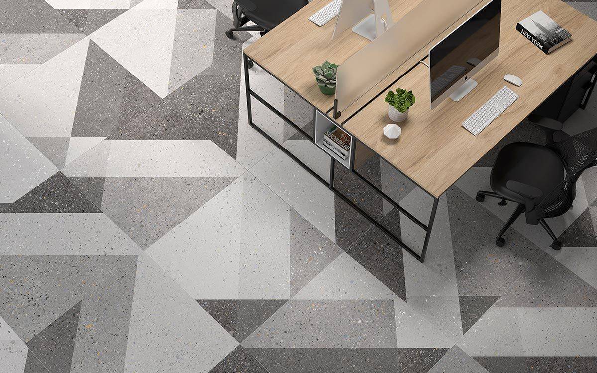 Custom modern terrazzo floor tiles from Takara bring pattern and contrast to the interior
