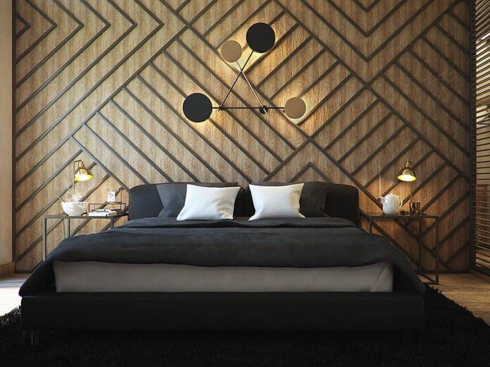 Strips of wood coupled with brilliant lighting shape this stunning geo accent wall