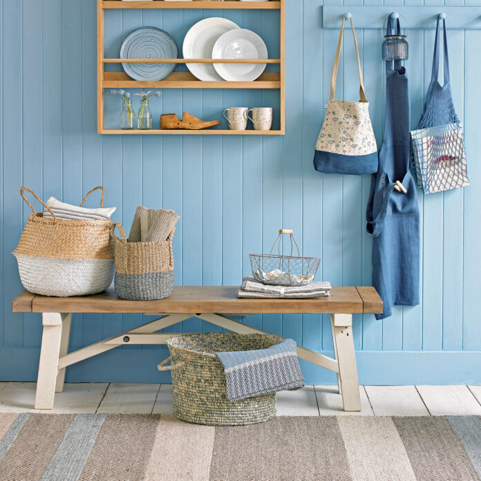 blue hallway with tongue and groove