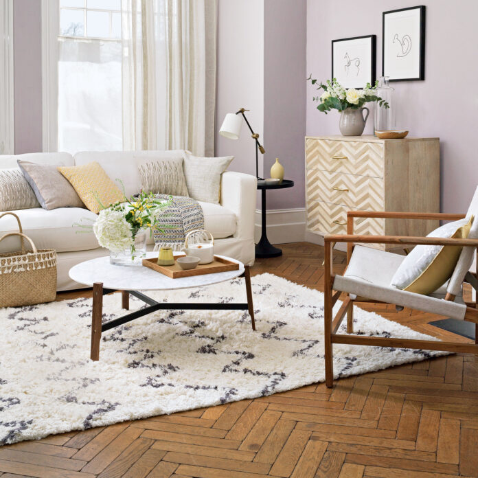 lilac living room with parquet floor