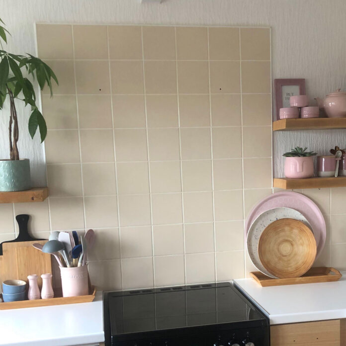 beige kitchen tiles and open shelving