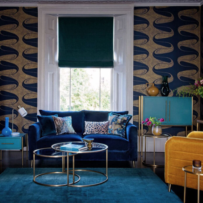 blue living room with blue velvet sofa