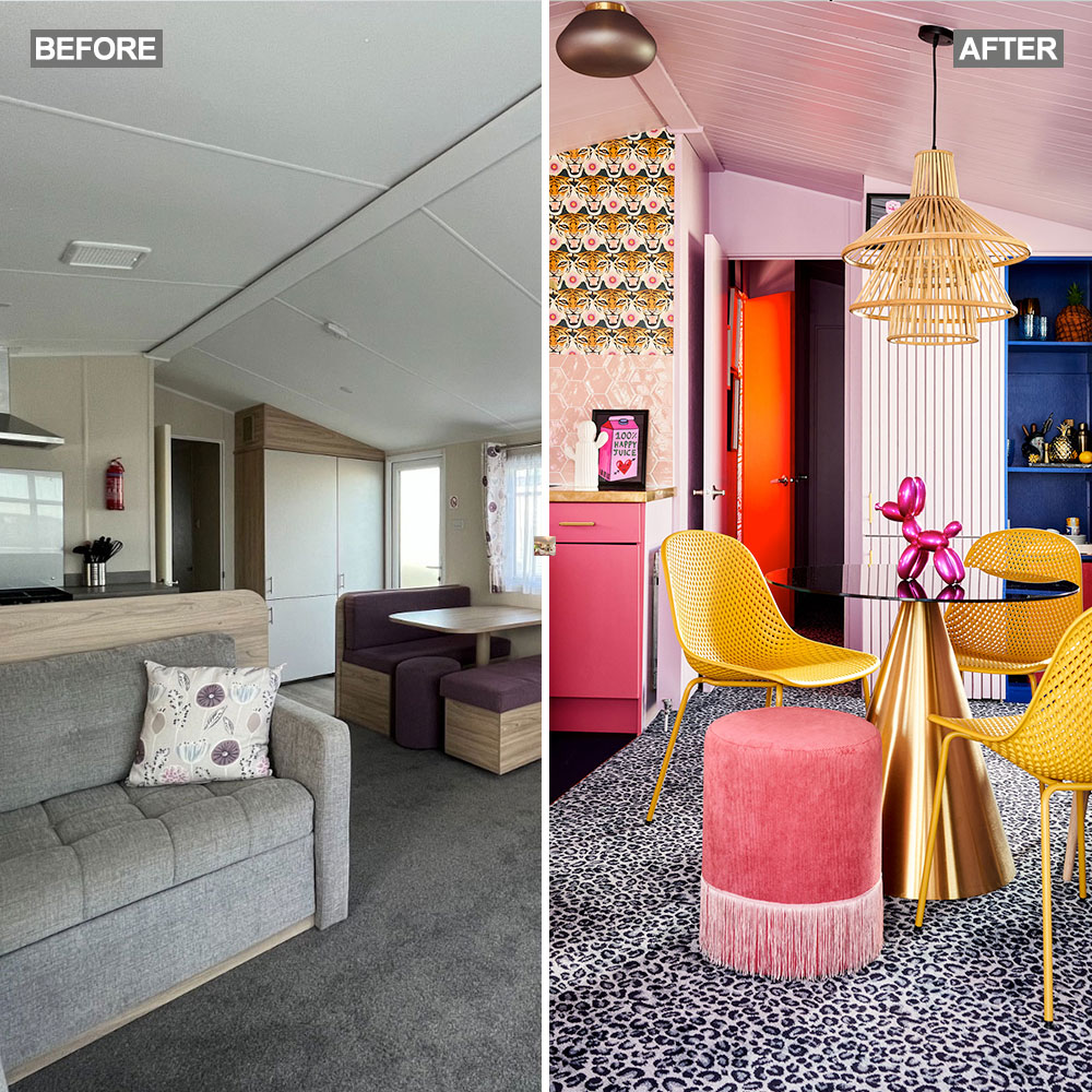 caravan before and after with pink kitchen
