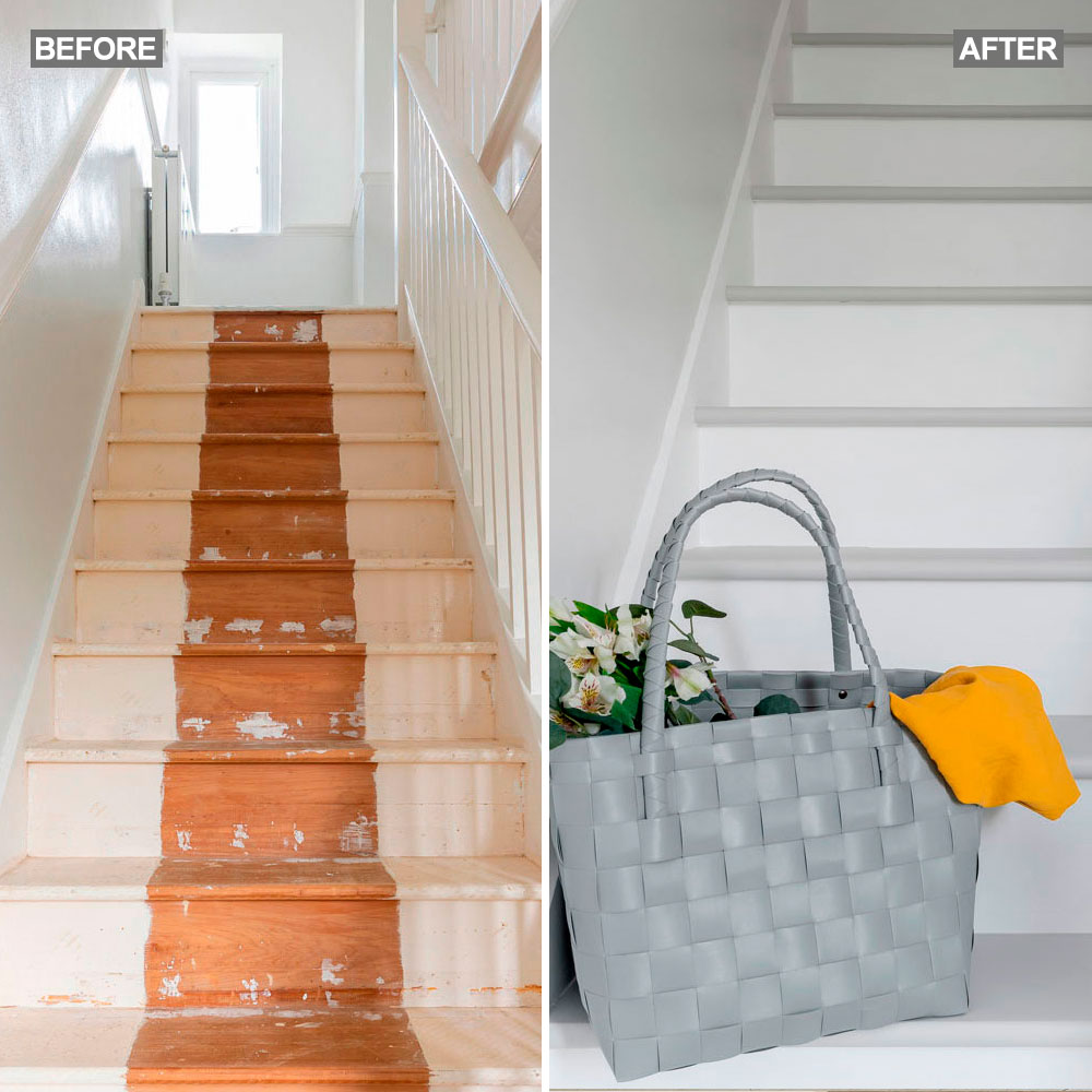 A staircase before and after painting with a grey bag