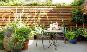 bistro set in stylish patio area with wooden fence