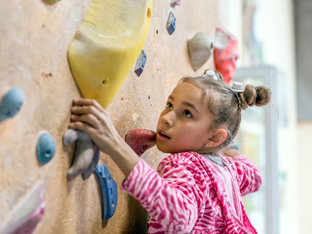 A young girl using a low climbing wall