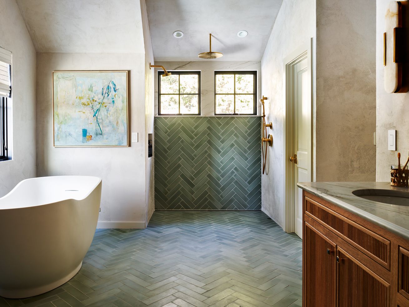 Large bathroom with a walk in shower