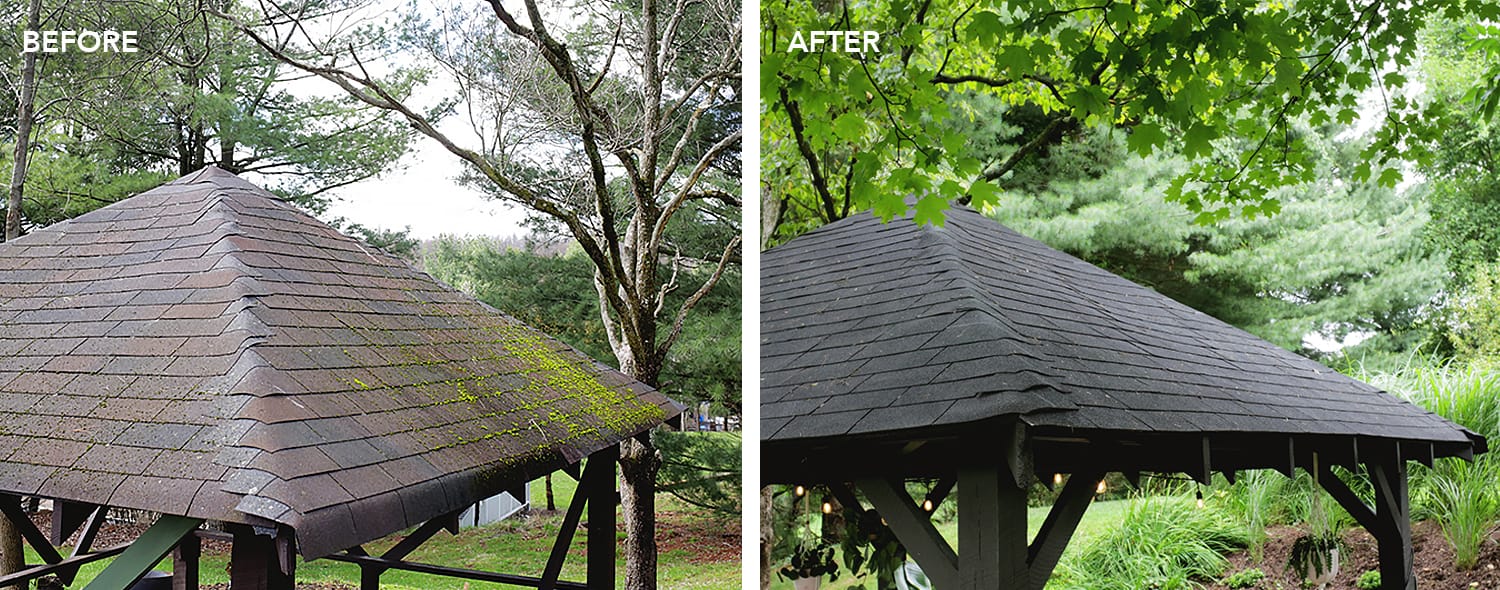 before and after of painted shingle pavilion roof