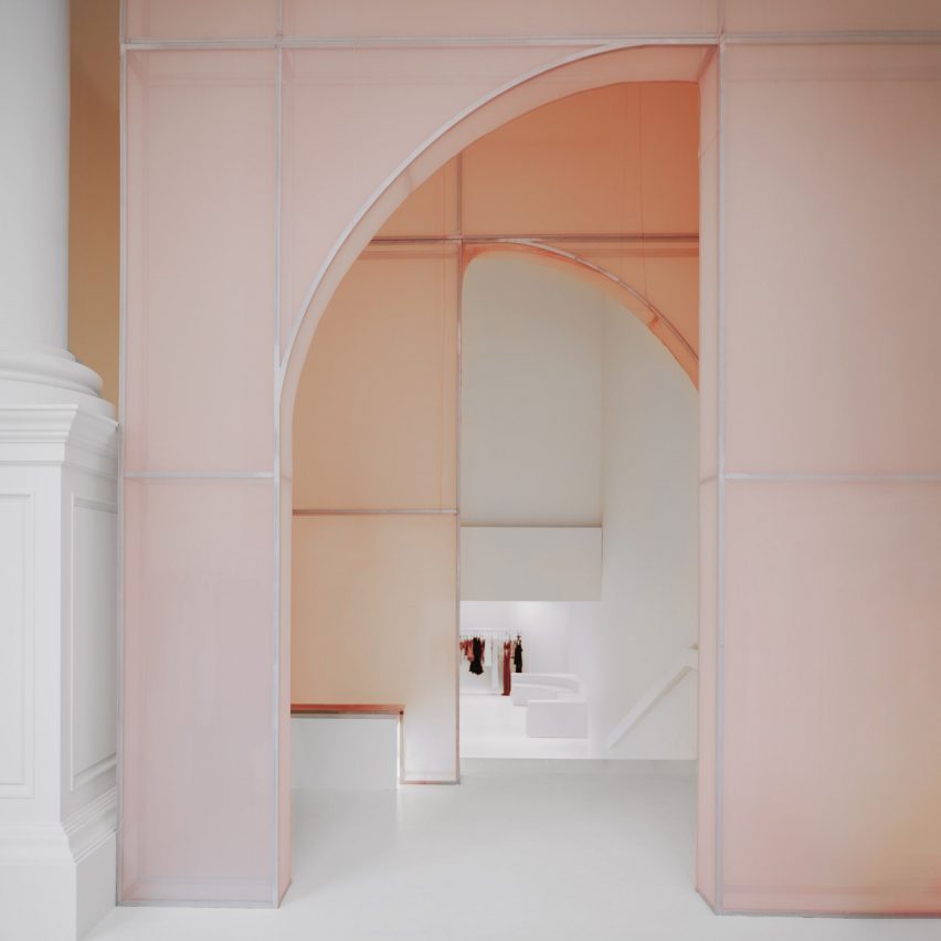 Pink fabric arch inside Jonathan Simkhai store