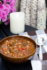 bowl of stew on an outdoor table