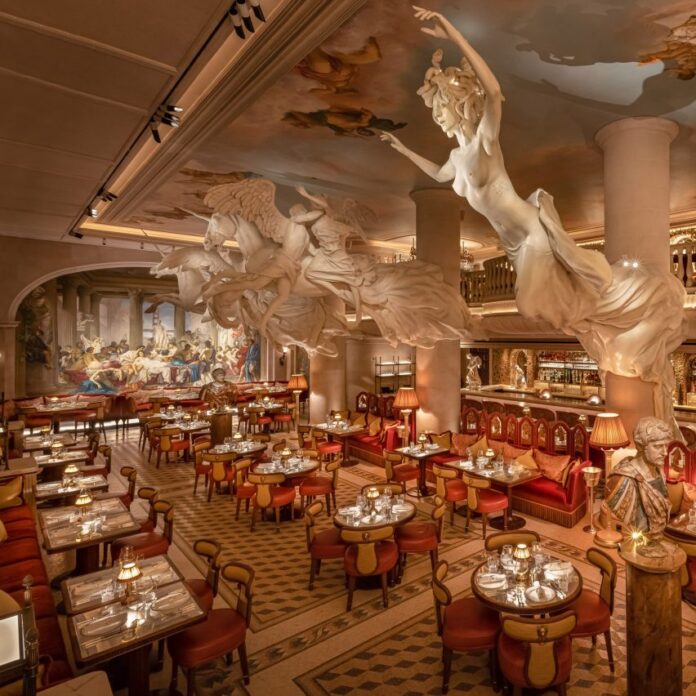 Restaurant interior with table settings and lights