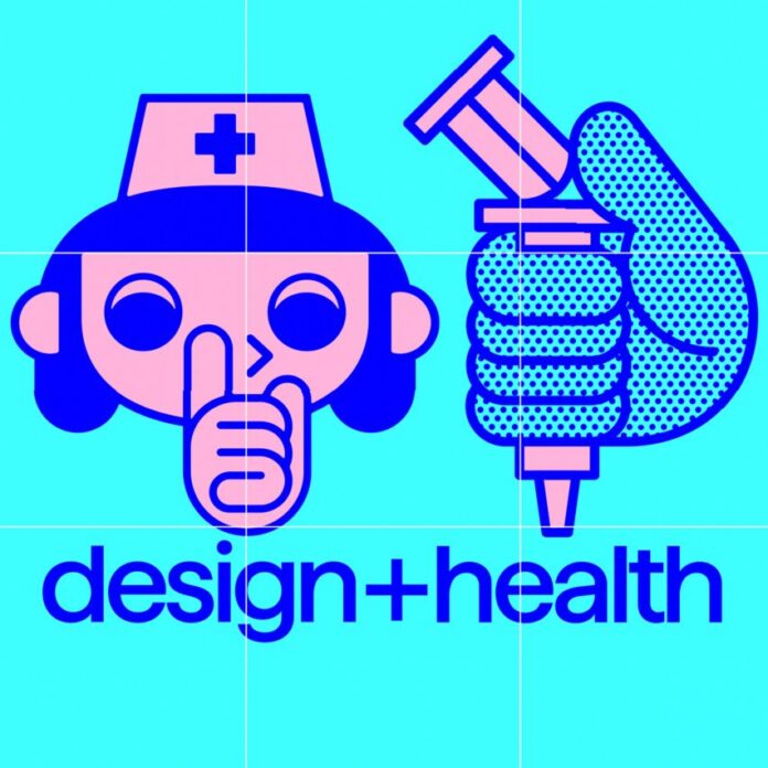 Design and Health exhibition graphic featuring cartoon nurse