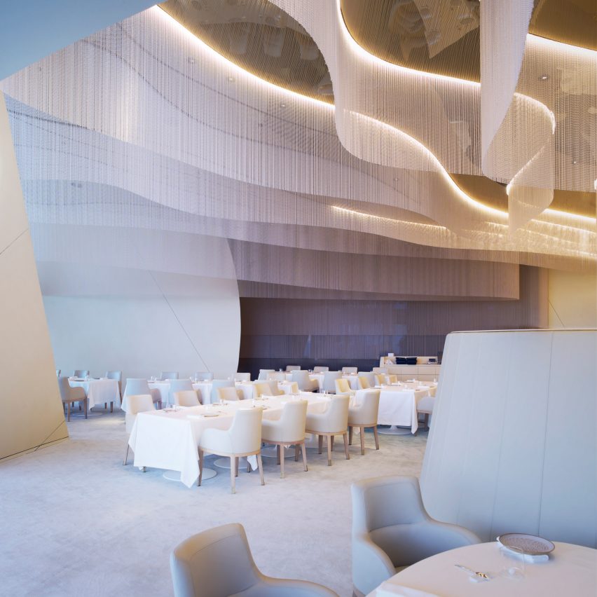 Ceiling decorated with Swarovski crystals inside restaurant