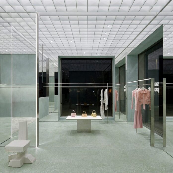 Interior image of the mint coloured Self-Portrait store