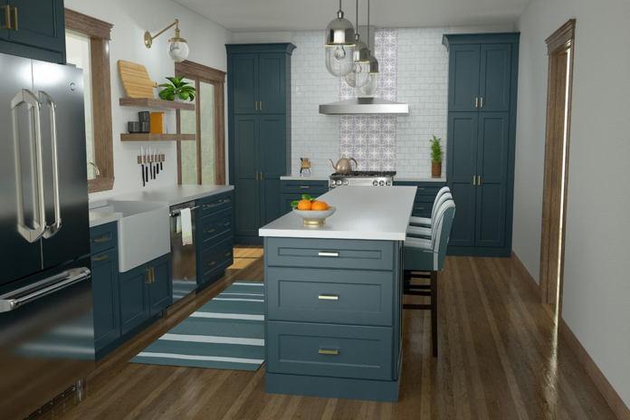 Spacious indigo blue shaker style kitchen cabinets with minimal wall cabinets, wood floating shelves and gold accents.