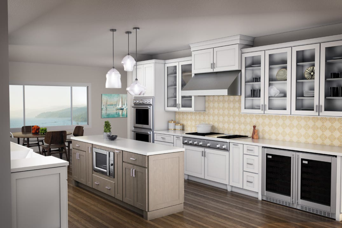 Large white shaker chef's kitchen with stainless appliances, glass cabinet doors, and rustic wood island