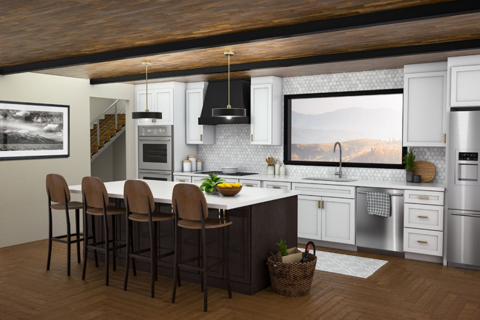 One-wall white shaker kitchen with dark espresso stained island with dark accents and gold hardware