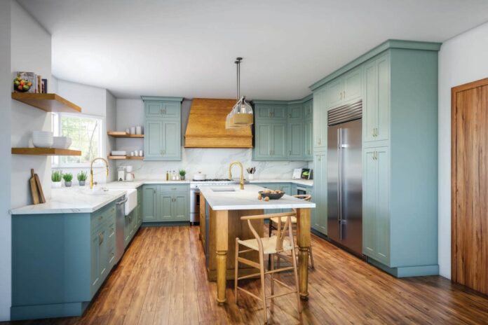 Bright and colorful coastal kitchen with light blue inset stacked cabinets and a large, warm cherry island and wood kitchen hood