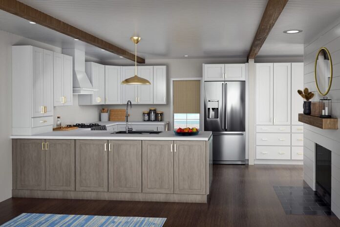 Modern and minimalist farmhouse style kitchen with white shaker kitchen cabinets, rustic wood stained peninsula and gold hardware