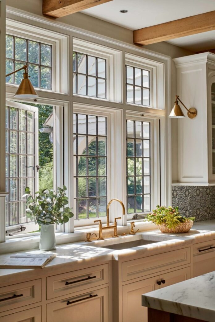 English cottage style kitchen with large windows and gold brass kitchen sconce lights