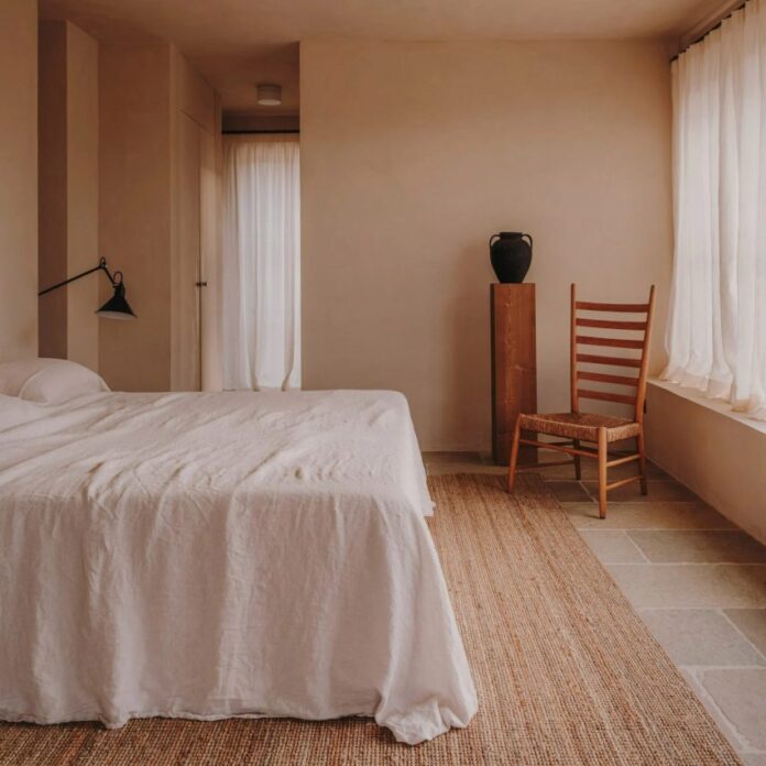 Earthy bedroom interior with wooden furniture