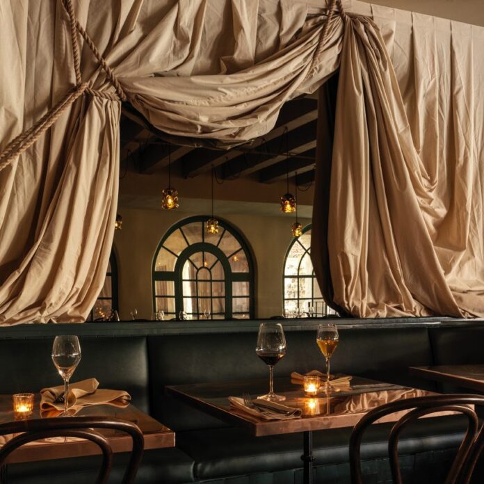 Dramatic drapery at Bar Chelou in Pasadena