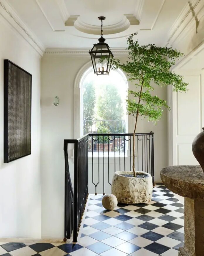 Nate Berkus' home stairs with checkered floor