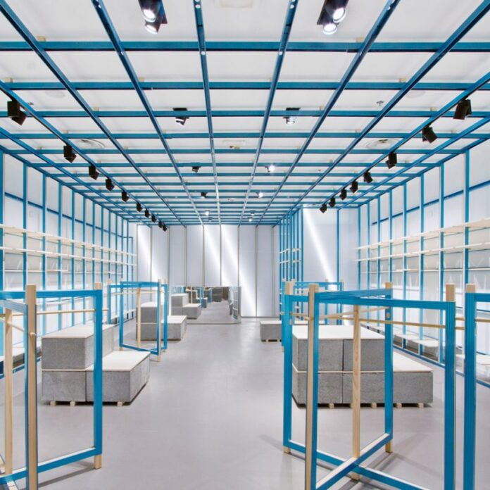 ON-OFF store in Milan features gridded blue interior by Francesca Perani and Bloomscape