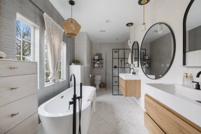 bathroom remodel in houston with two vanities and soaking tub