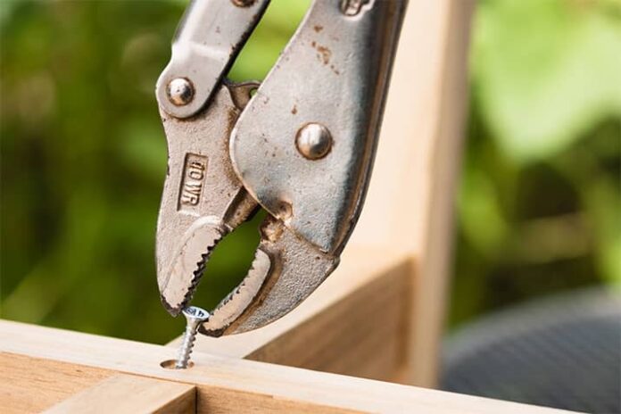 Removing stripped screw from wood with pliers.