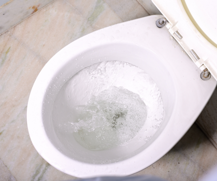 A bathtub draining into a toilet with bubbles in the toilet bowl